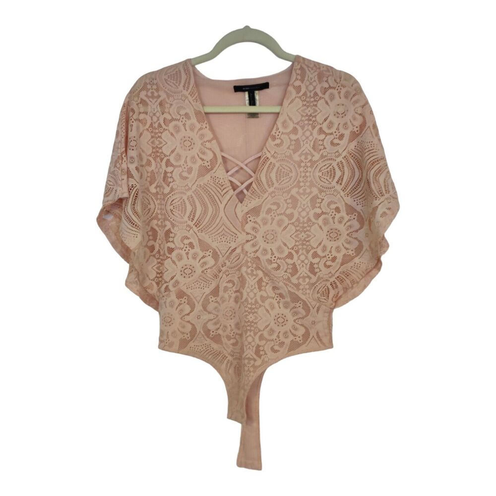 BCBG Maxazria "Beata" Pink lace one piece bodysuit Flowy Sleeve V Neck Size S